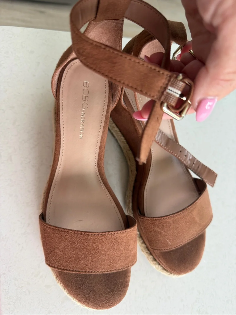 BCBGMaxAzria Tan Suede Ankle-Strap Espadrille Wedges